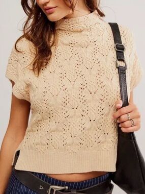 Free People Cream Lace-Knit Short-Sleeve Turtleneck Sweater